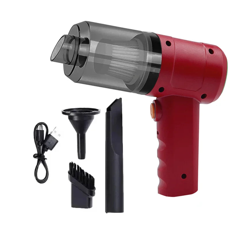Red handheld vacuum cleaner with attachments on a white background
