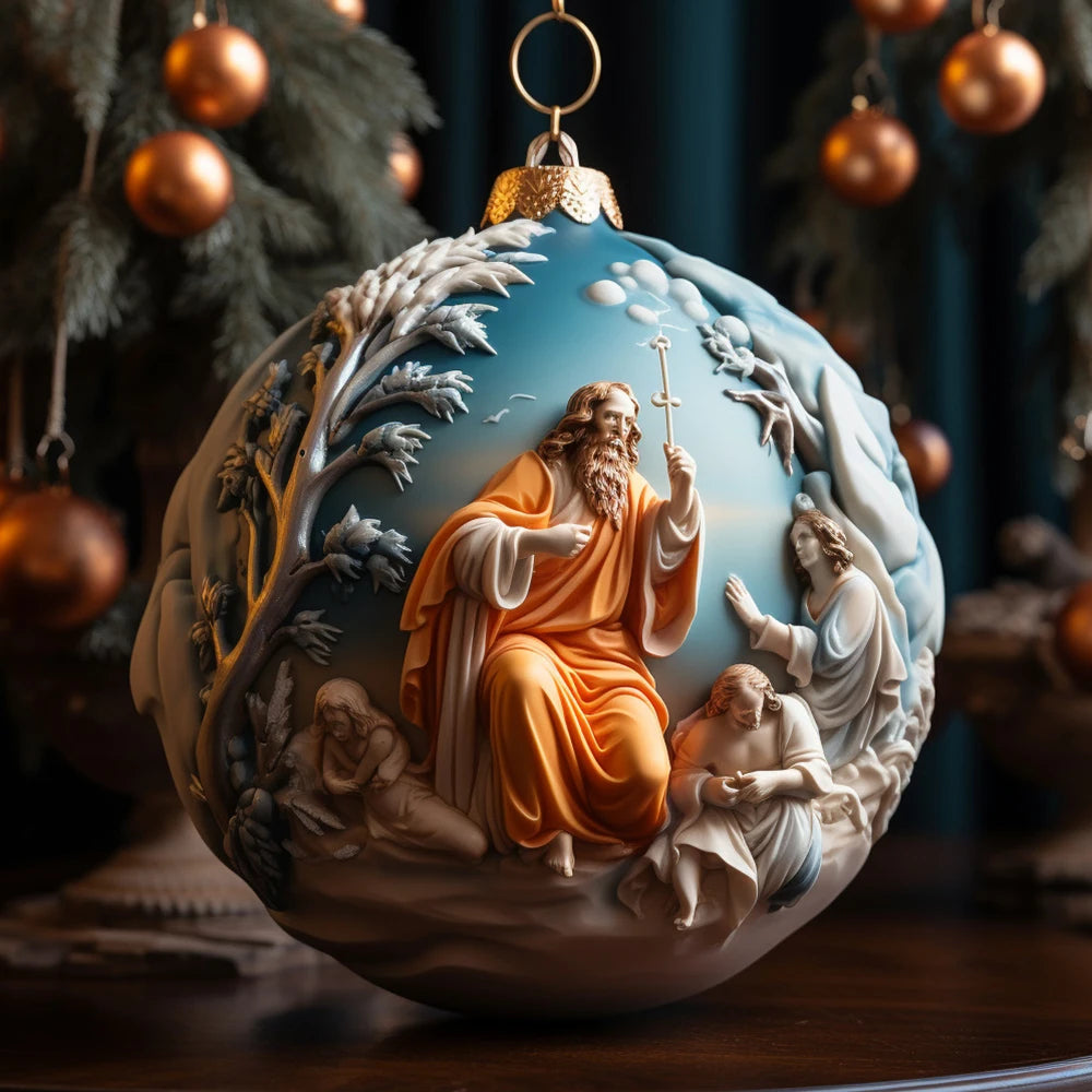 Best Easter Nativity Ornament and Jesus Christ Car Pendant hanging on a tree branch.