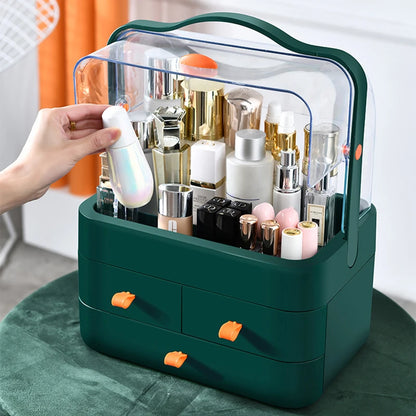 Eco-friendly dust-proof makeup organizer filled with various cosmetics on a desk.
