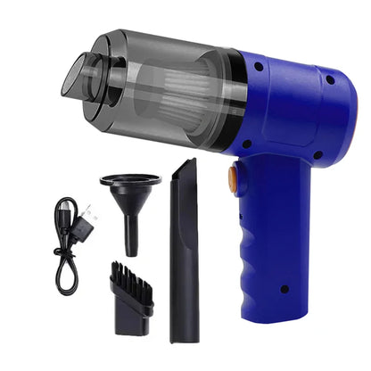 Blue handheld vacuum cleaner with attachments on a white background