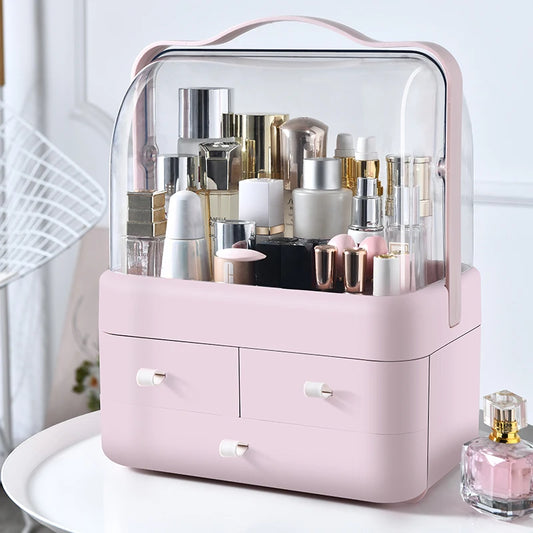 Eco-friendly dust-proof makeup organizer filled with various cosmetics on a desk.
