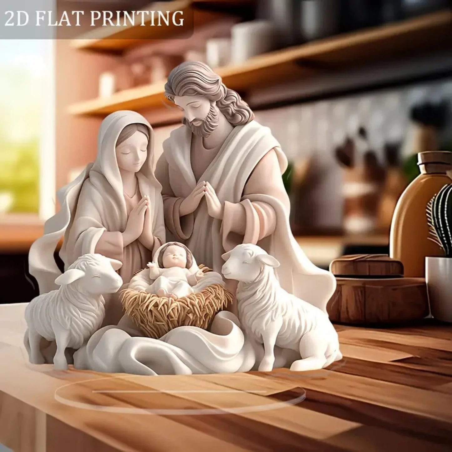 Decorative nativity scene figurine with Mary, Joseph, and baby Jesus on a wooden shelf.