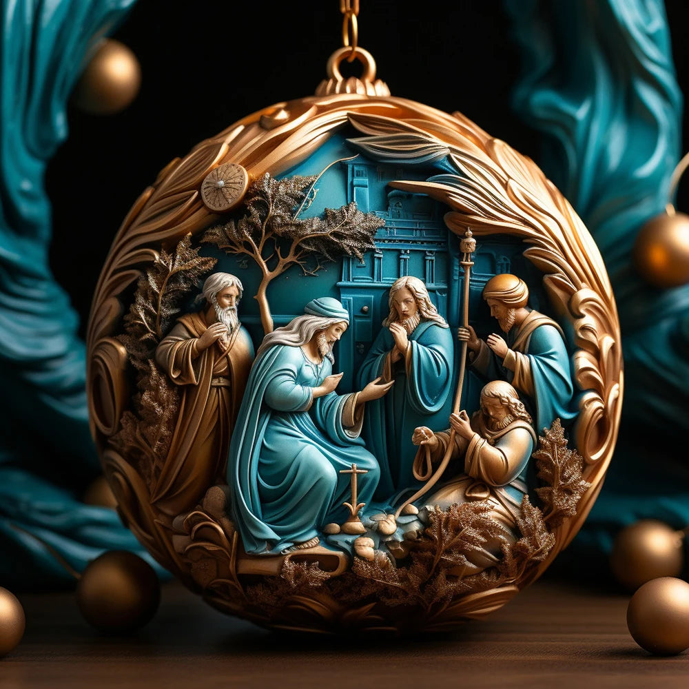 Best Easter Nativity Ornament and Jesus Christ Car Pendant hanging on a tree branch.