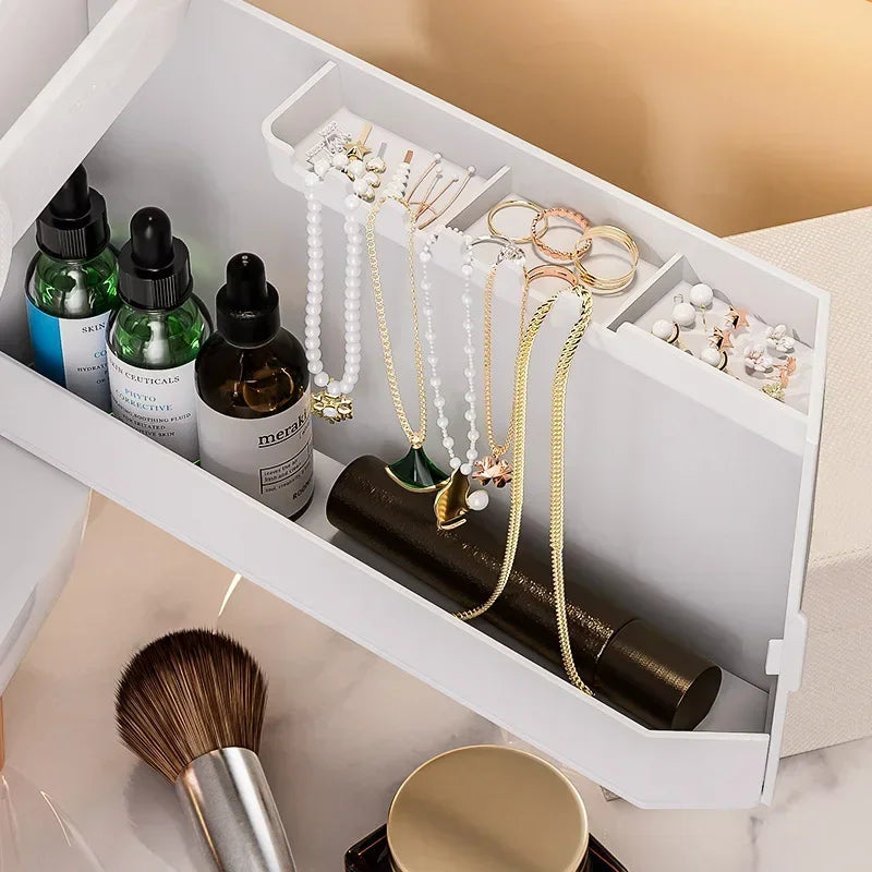 Eco-Friendly Makeup Organizer filled with cosmetics, featuring large drawers and dustproof cover.