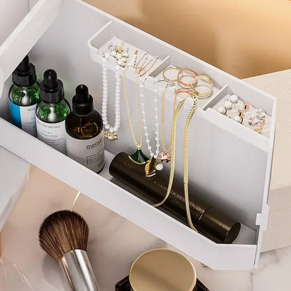Eco-Friendly Makeup Organizer filled with cosmetics, featuring large drawers and dustproof cover.