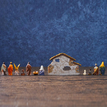 Handmade Christmas Nativity Scene Set featuring Holy Family statues and figurines.