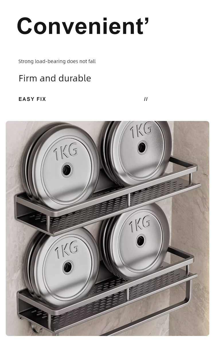 Best Punch-Free Bathroom Shelf mounted on wall with towels and toiletries.