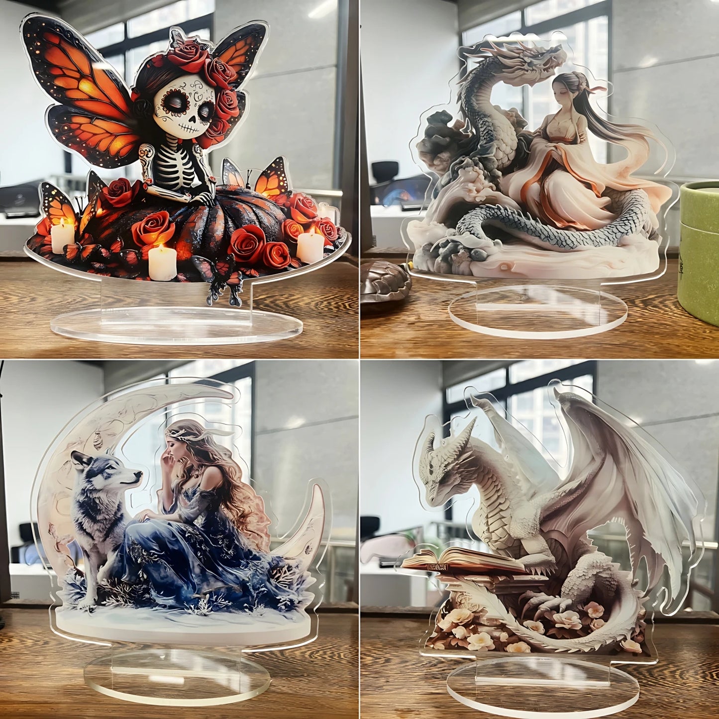 Four decorative figurines on a wooden surface with a modern interior background.