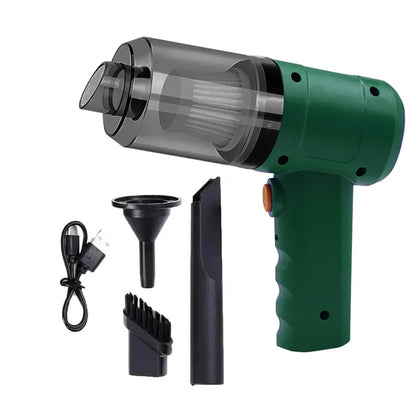 Green handheld vacuum cleaner with attachments on a white background