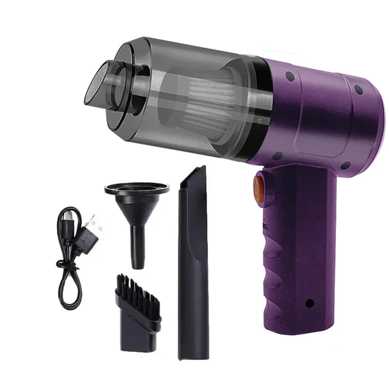 Purple handheld vacuum cleaner with attachments on a white background