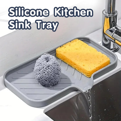 Eco-Friendly Silicone Faucet Mat & Sink Tray from Fresh Kitchen, featuring soap dispenser and sponge.
