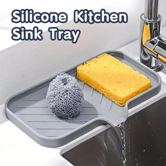 Eco-Friendly Silicone Faucet Mat & Sink Tray from Fresh Kitchen, featuring soap dispenser and sponge.