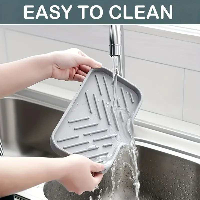 Eco-Friendly Silicone Faucet Mat & Sink Tray from Fresh Kitchen, featuring soap dispenser and sponge.