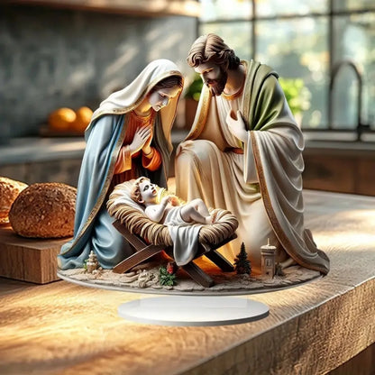 Nativity scene figurine with Mary, Joseph, and baby Jesus on a wooden surface.