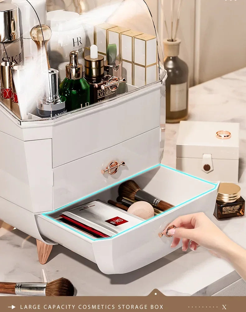 Eco-Friendly Makeup Organizer filled with cosmetics, featuring large drawers and dustproof cover.