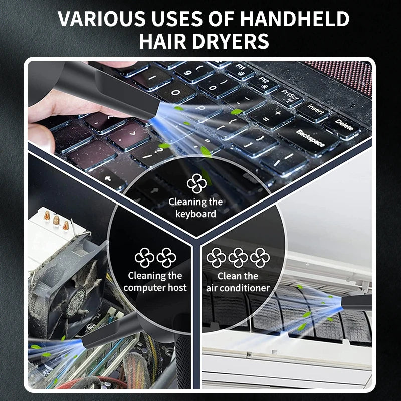 Various uses of handheld hair dryers shown with text labels on a black background.