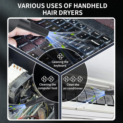 Various uses of handheld hair dryers shown with text labels on a black background.