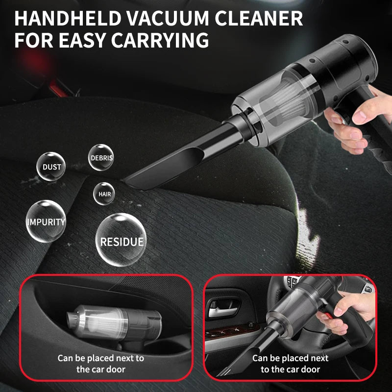 Handheld vacuum cleaner being used to clean car seats with text and insets showing its portability.
