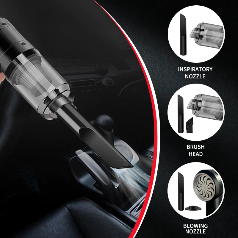 Car vacuum cleaner with attachments on a black background