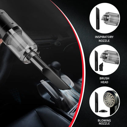 Car vacuum cleaner with attachments on a black background