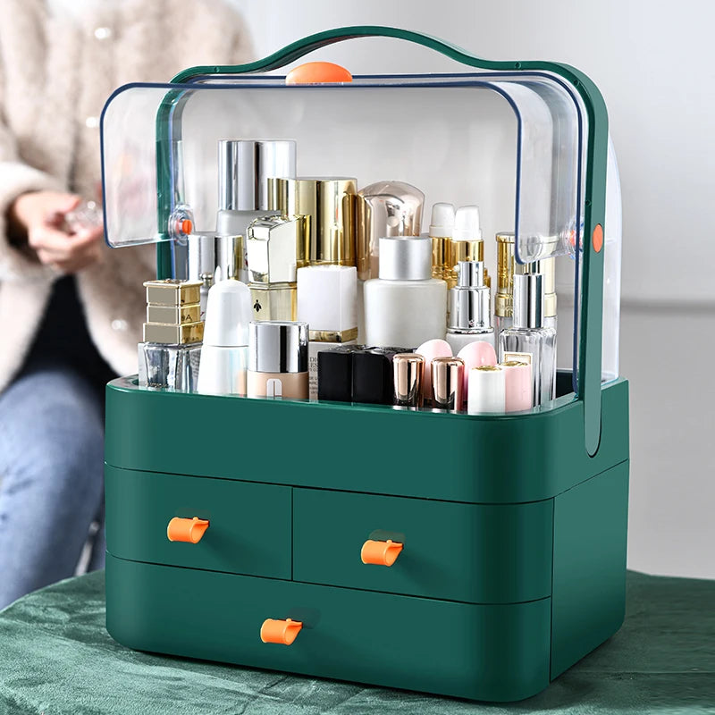Eco-friendly dust-proof makeup organizer filled with various cosmetics on a desk.
