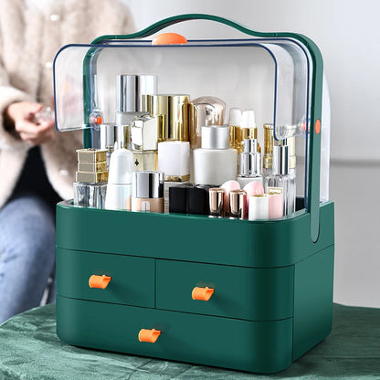 Eco-friendly dust-proof makeup organizer filled with various cosmetics on a desk.