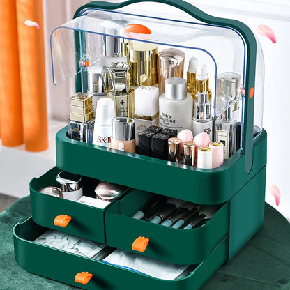 Eco-friendly dust-proof makeup organizer filled with various cosmetics on a desk.