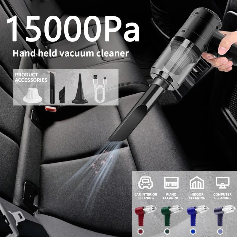 Handheld vacuum cleaner cleaning car interior with product accessories displayed.