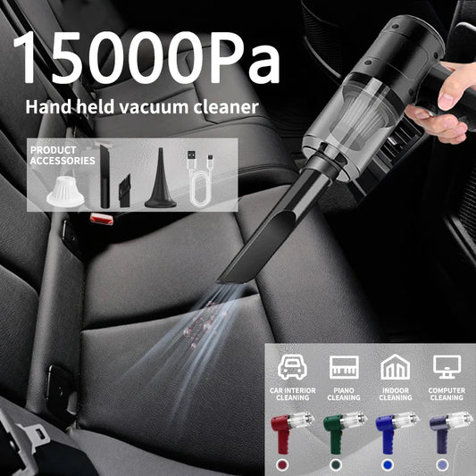 Handheld vacuum cleaner cleaning car interior with product accessories displayed.