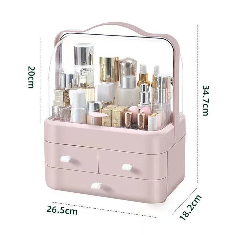 Eco-friendly dust-proof makeup organizer filled with various cosmetics on a desk.
