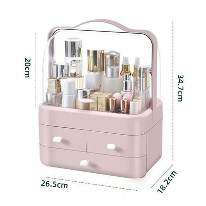 Eco-friendly dust-proof makeup organizer filled with various cosmetics on a desk.