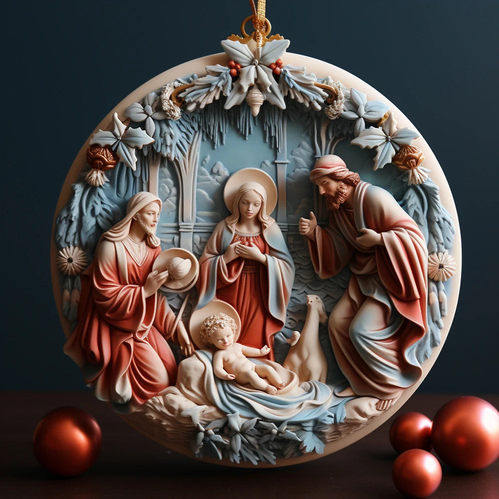 Best Easter Nativity Ornament and Jesus Christ Car Pendant hanging on a tree branch.