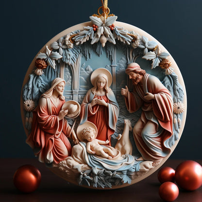 Best Easter Nativity Ornament and Jesus Christ Car Pendant hanging on a tree branch.