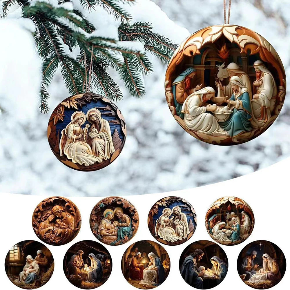 Best Easter Nativity Ornament and Jesus Christ Car Pendant hanging on a tree branch.