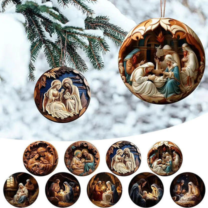 Best Easter Nativity Ornament and Jesus Christ Car Pendant hanging on a tree branch.