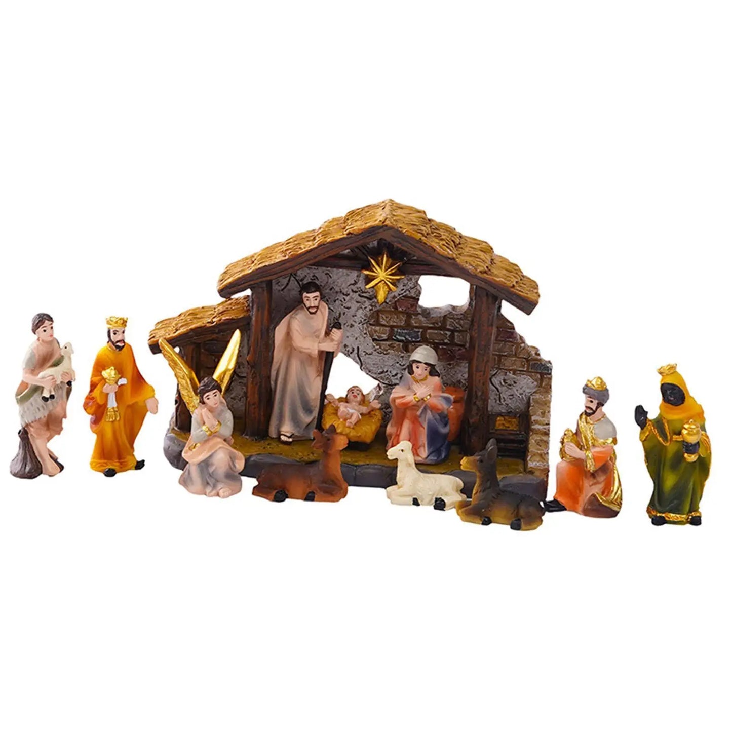 Handmade Christmas Nativity Scene Set featuring Holy Family statues and figurines.