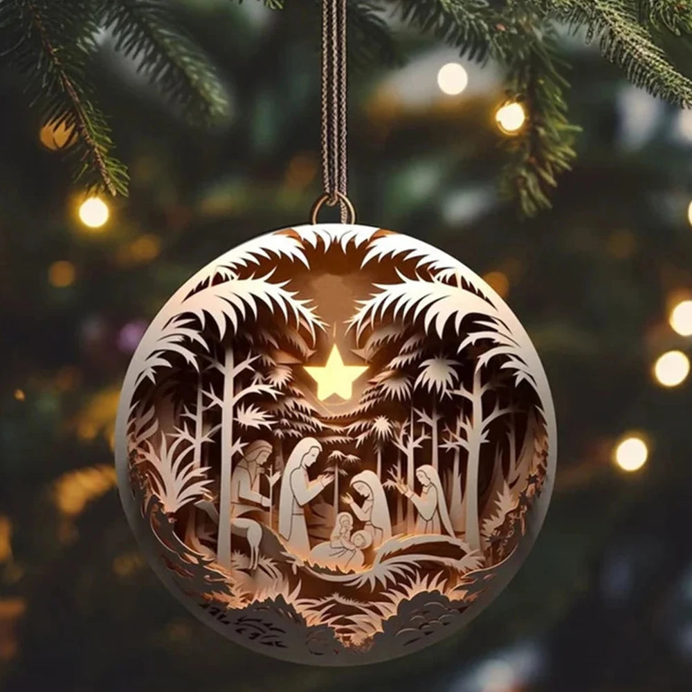 Best Easter Nativity Ornament and Jesus Christ Car Pendant hanging on a tree branch.