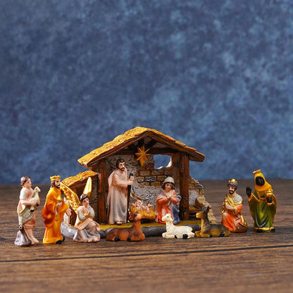 Handmade Christmas Nativity Scene Set featuring Holy Family statues and figurines.