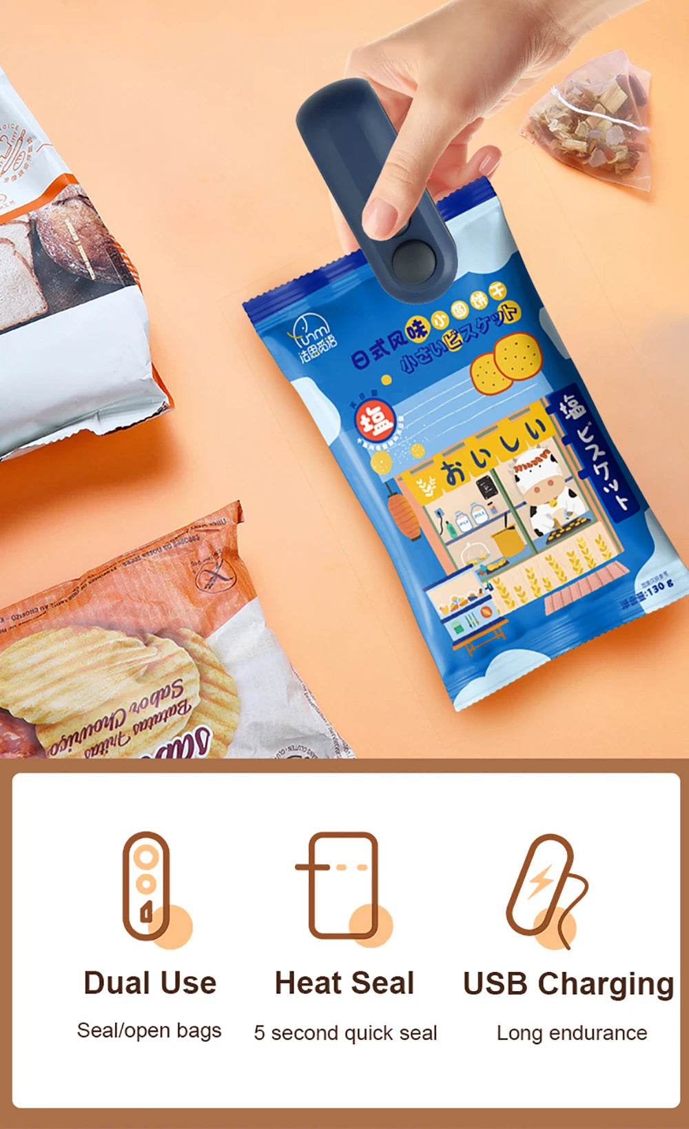 Freshleen Mini Bag Sealer sealing a chip bag, compact and portable design.