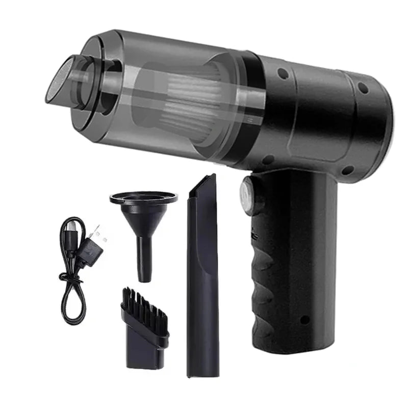 Black handheld vacuum cleaner with attachments on a white background