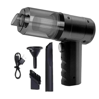 Black handheld vacuum cleaner with attachments on a white background