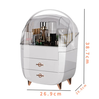 Eco-Friendly Makeup Organizer filled with cosmetics, featuring large drawers and dustproof cover.