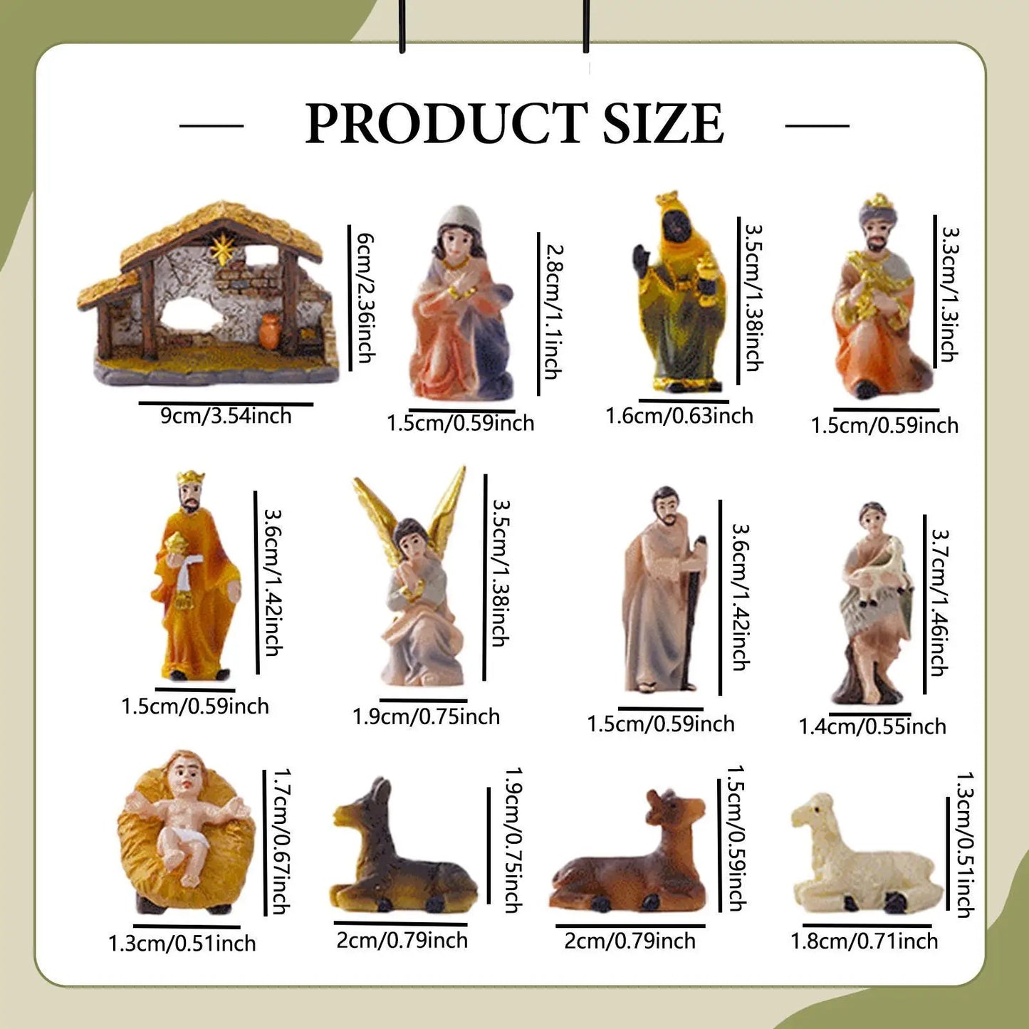 Handmade Christmas Nativity Scene Set featuring Holy Family statues and figurines.