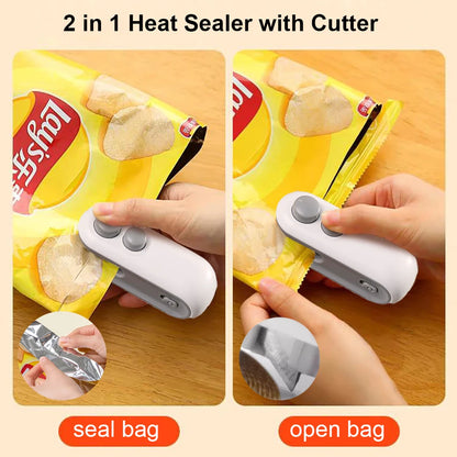 Freshleen Mini Bag Sealer sealing a chip bag, compact and portable design.