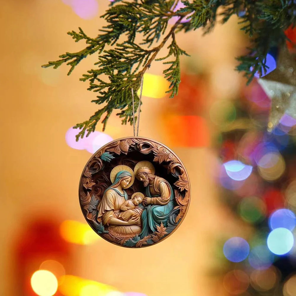 Best Easter Nativity Ornament and Jesus Christ Car Pendant hanging on a tree branch.