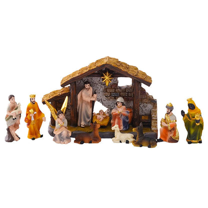 Handmade Christmas Nativity Scene Set featuring Holy Family statues and figurines.
