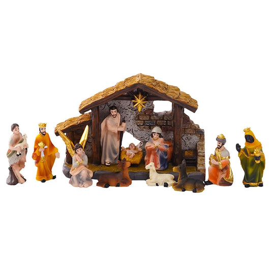 Handmade Christmas Nativity Scene Set featuring Holy Family statues and figurines.