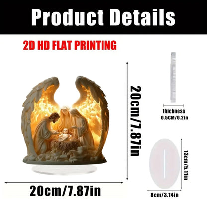Decorative nativity scene with angel figures, dimensions, and 2D HD flat printing text.