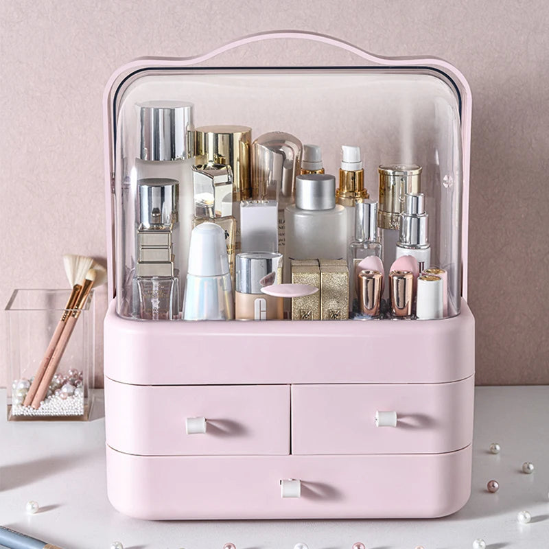 Eco-friendly dust-proof makeup organizer filled with various cosmetics on a desk.