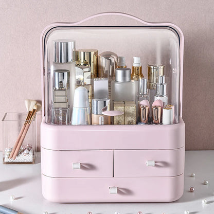 Eco-friendly dust-proof makeup organizer filled with various cosmetics on a desk.